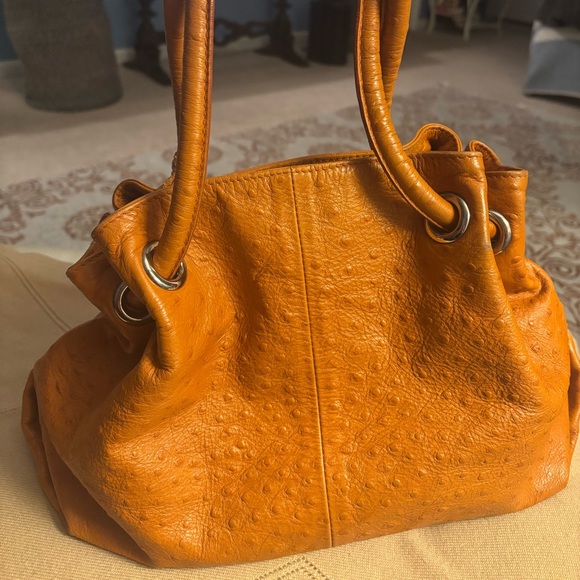 Furla Ostrich textured Orange Leather Shoulder Bag. Corners show wear. - Picture 2 of 5